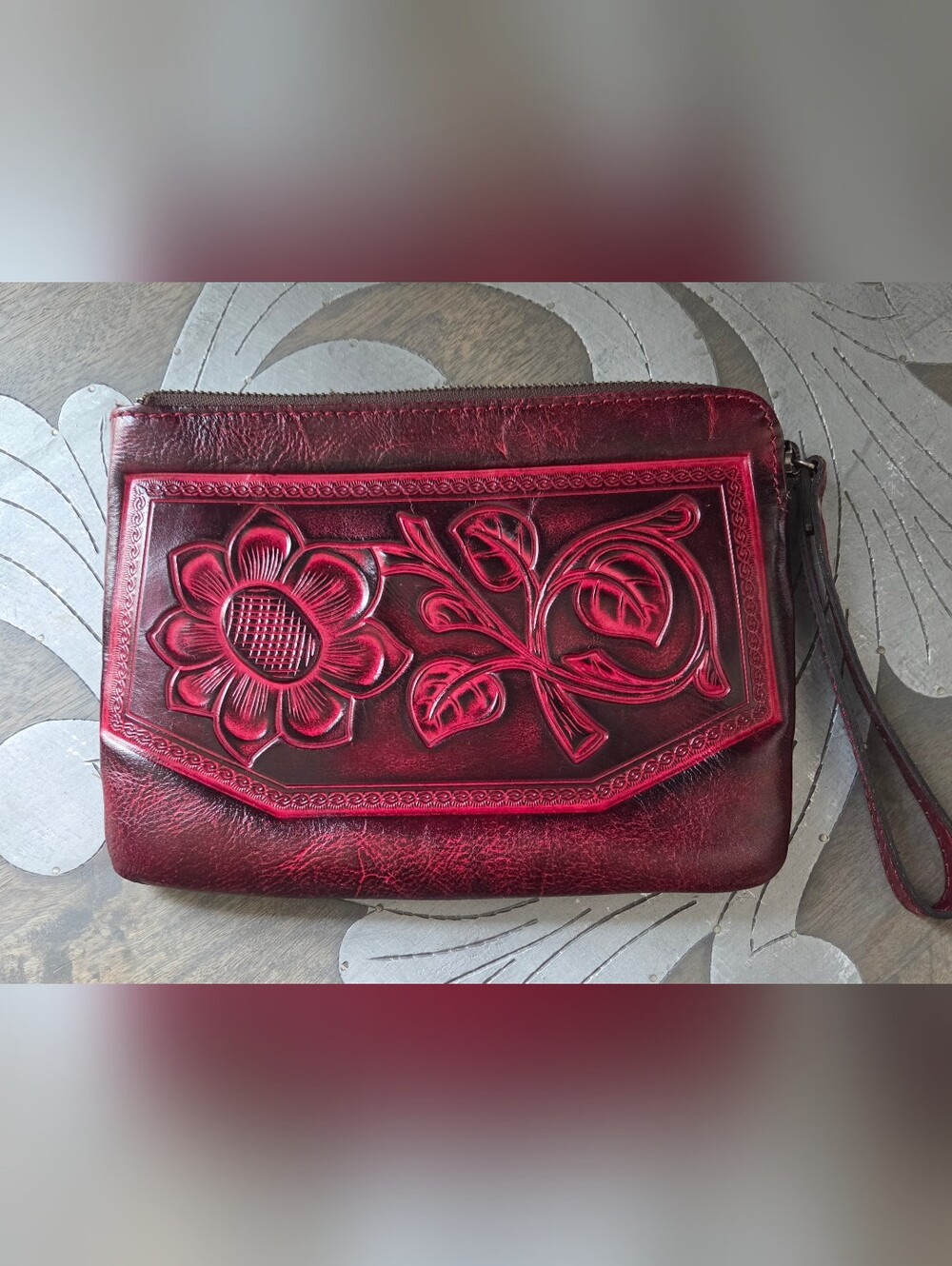 Patricia Nash Embossed Floral Leather Wristlet - Deep Red